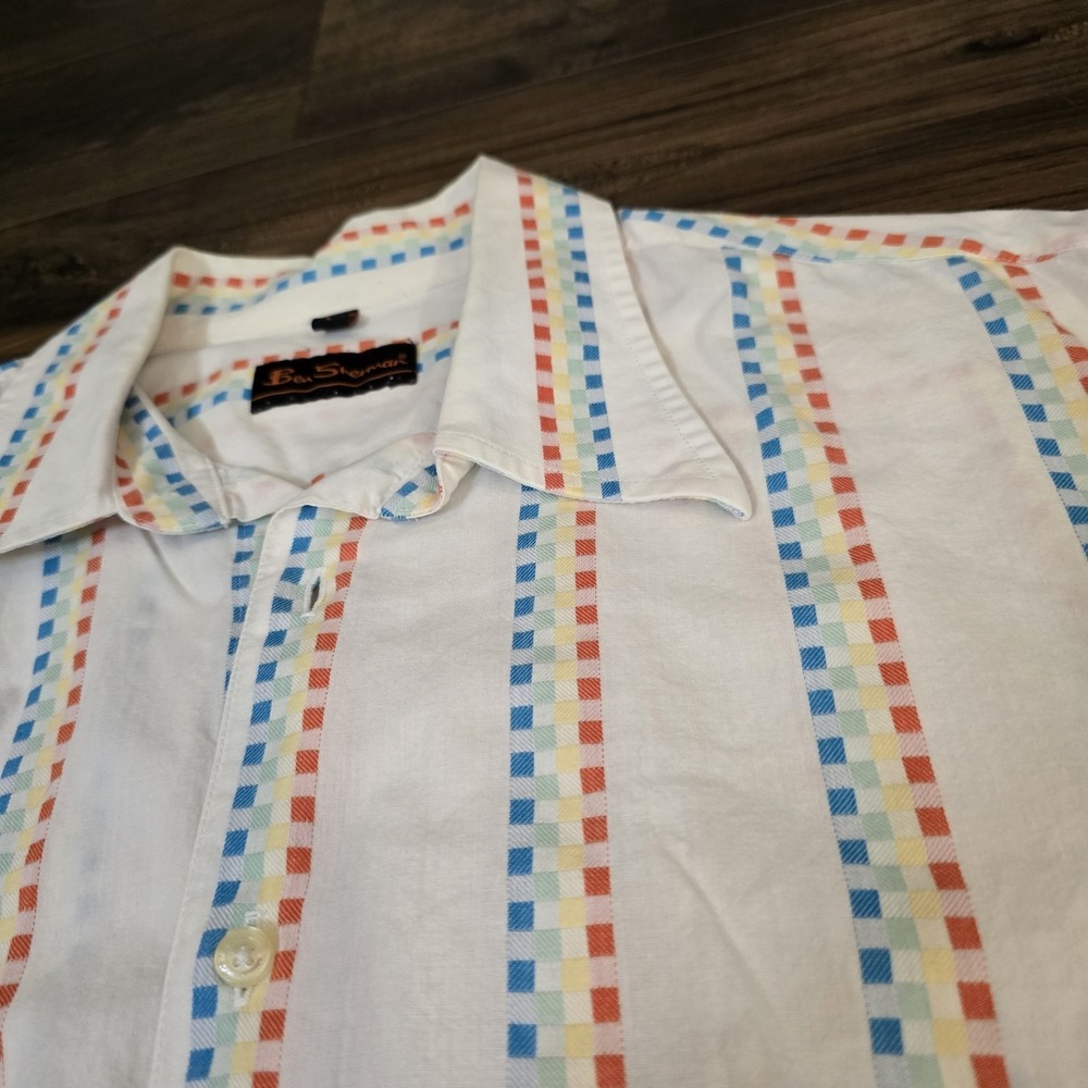 Ben Sherman‎ Shirt Mens L White Rainbow Check Stretch Button Down Classic